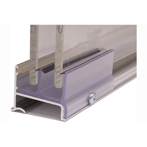 Close-up of bypass door bottom track and rail system