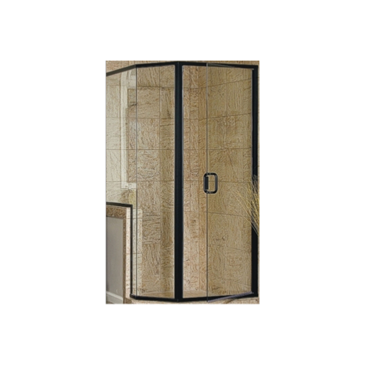 Semi-frameless corner enclosure with rain glass and dark hardware