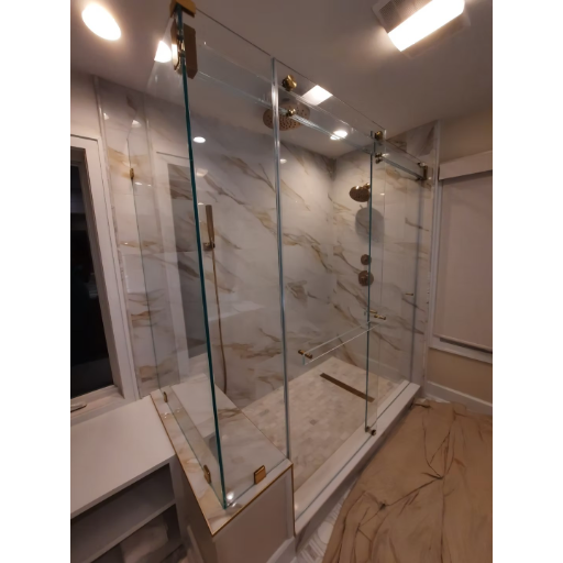 Large frameless corner enclosure with multiple clear glass panels