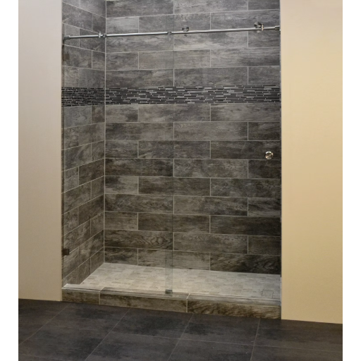 Titan Express frameless fixed walk-in panel with dark stone tile